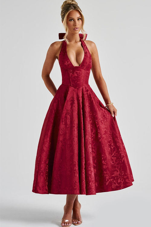 Genevieve | V-Neck Halterneck Sleeveless Jacquard Maxi Dress