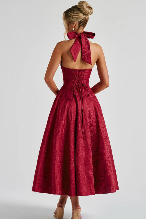 Genevieve | V-Neck Halterneck Sleeveless Jacquard Maxi Dress