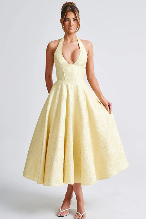 Genevieve | V-Neck Halterneck Sleeveless Jacquard Maxi Dress