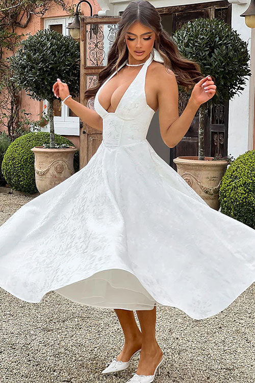 Genevieve | V-Neck Halterneck Sleeveless Jacquard Maxi Dress