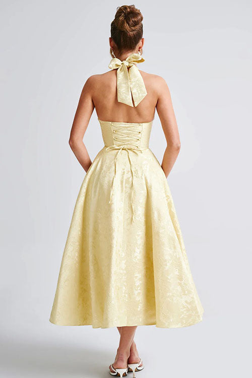 Genevieve | V-Neck Halterneck Sleeveless Jacquard Maxi Dress