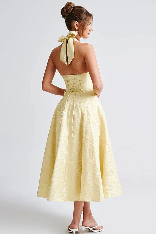 Genevieve | V-Neck Halterneck Sleeveless Jacquard Maxi Dress