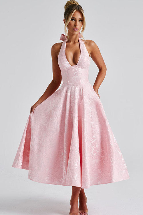 Genevieve | V-Neck Halterneck Sleeveless Jacquard Maxi Dress