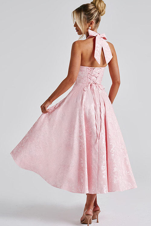 Genevieve | V-Neck Halterneck Sleeveless Jacquard Maxi Dress