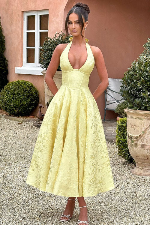 Genevieve | V-Neck Halterneck Sleeveless Jacquard Maxi Dress