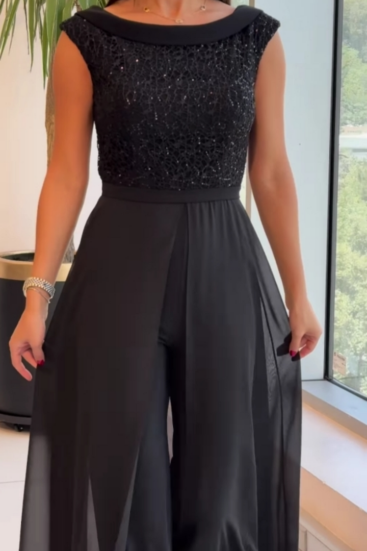Loretta | Crew-Neck Textured-Panel Jumpsuit