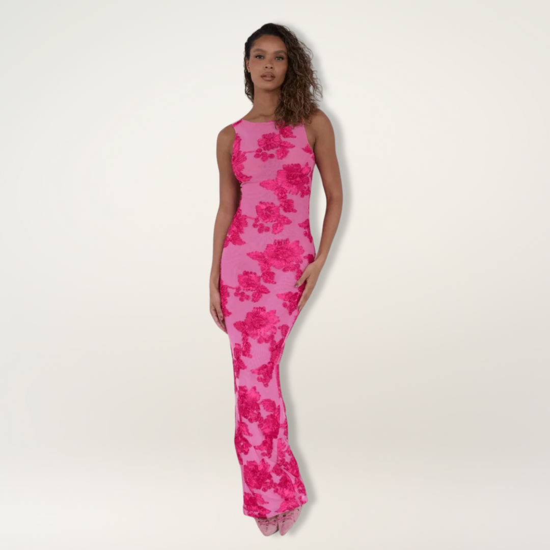 Lily | Elegant Maxi Dress with Pink Floral Design