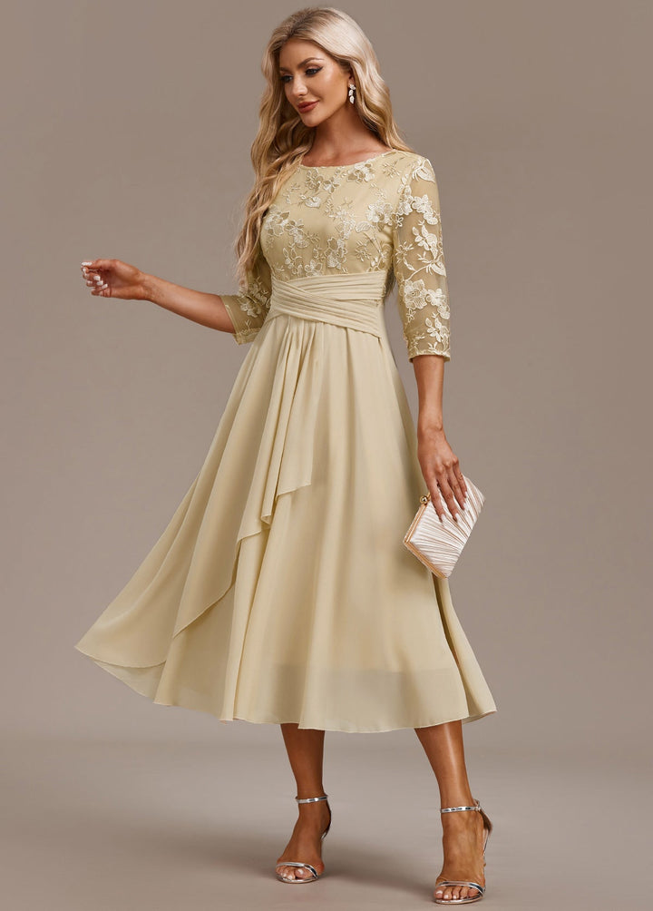Karla | Champagne FLoral 3/4 Sleeve Round Neck Dress