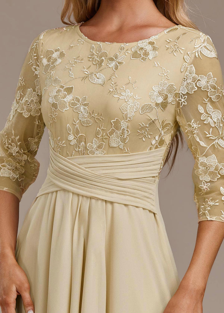 Karla | Champagne FLoral 3/4 Sleeve Round Neck Dress