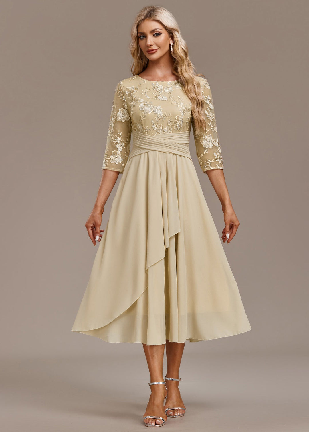 Karla | Champagne FLoral 3/4 Sleeve Round Neck Dress