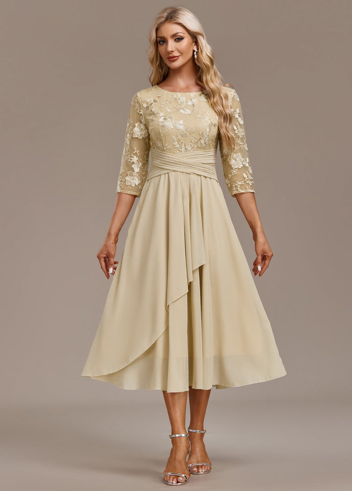 Karla | Champagne FLoral 3/4 Sleeve Round Neck Dress