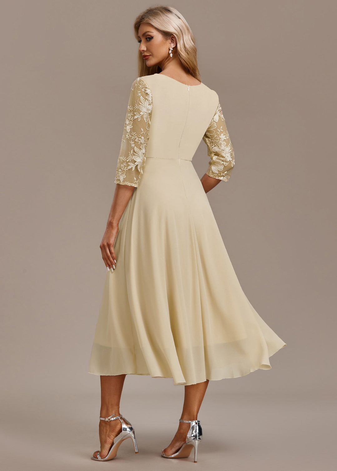 Karla | Champagne FLoral 3/4 Sleeve Round Neck Dress