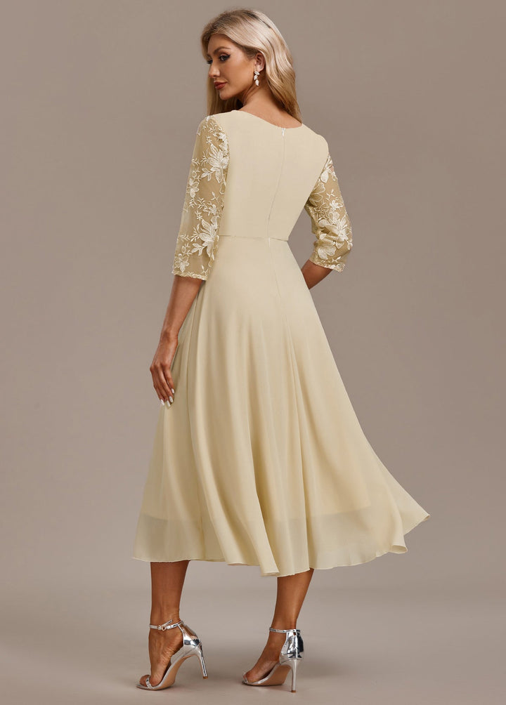 Karla | Champagne FLoral 3/4 Sleeve Round Neck Dress