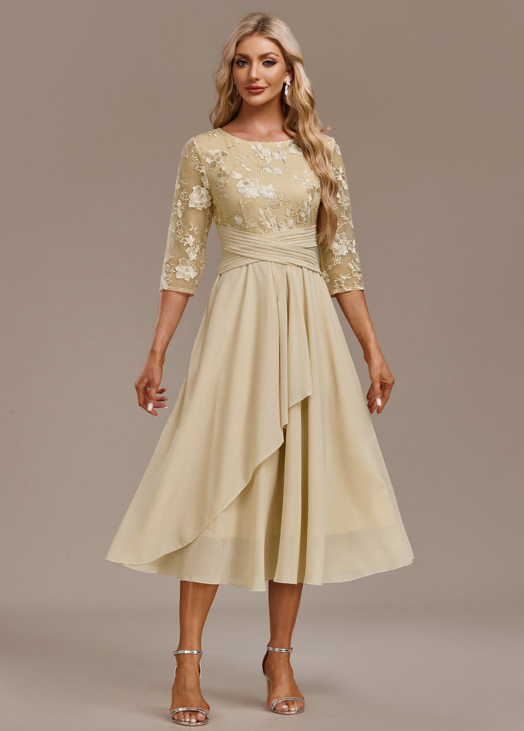 Karla | Champagne FLoral 3/4 Sleeve Round Neck Dress
