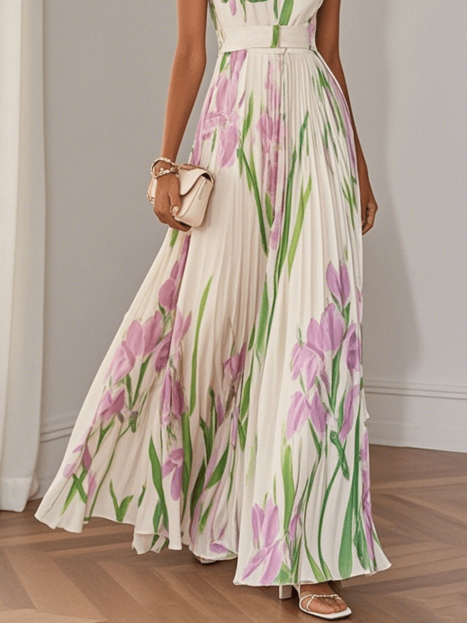 Ellie | White Pleated Floral Maxi Dress