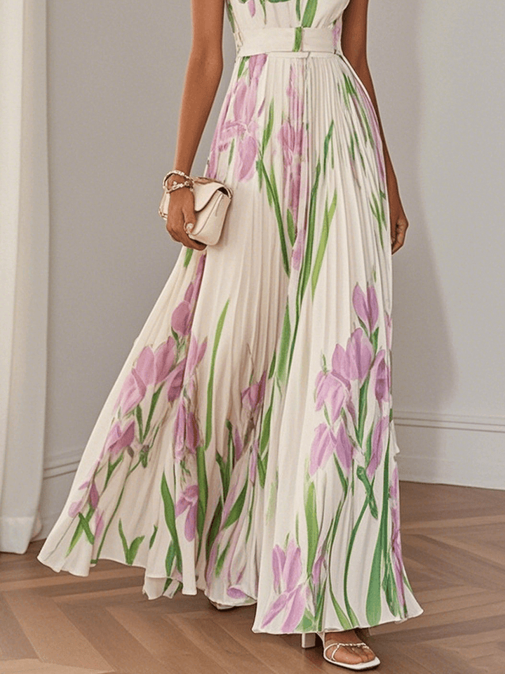 Ellie | White Pleated Floral Maxi Dress