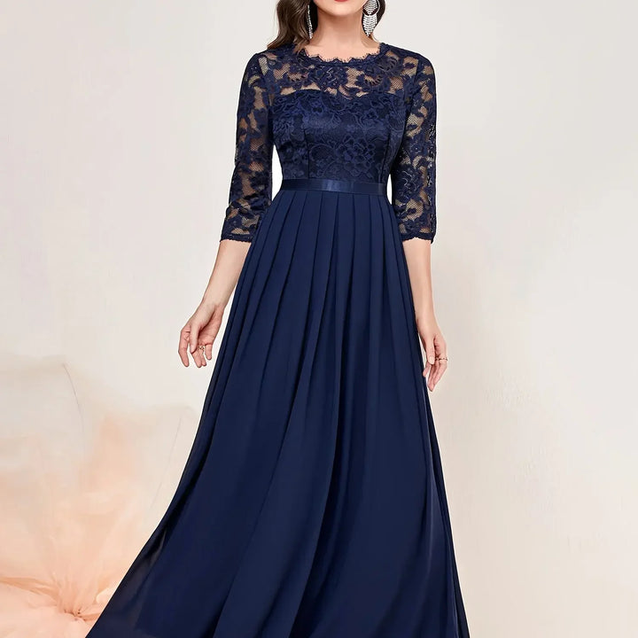 Gail | Lace Pleated Quarter Sleeve Formal Evening Dress