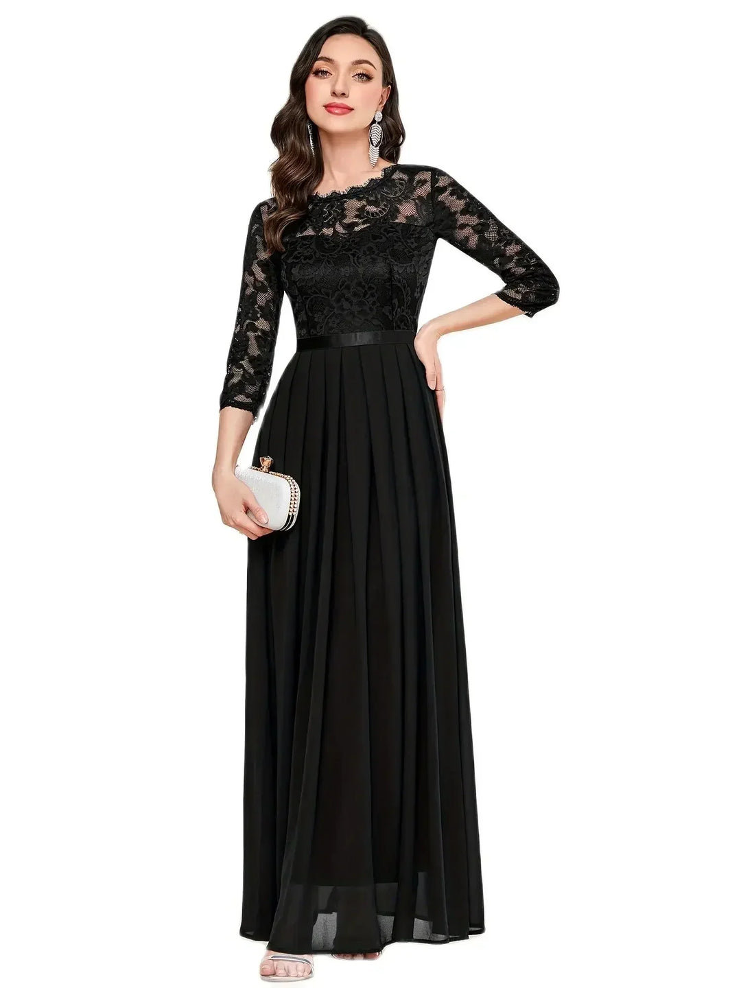 Gail | Lace Pleated Quarter Sleeve Formal Evening Dress