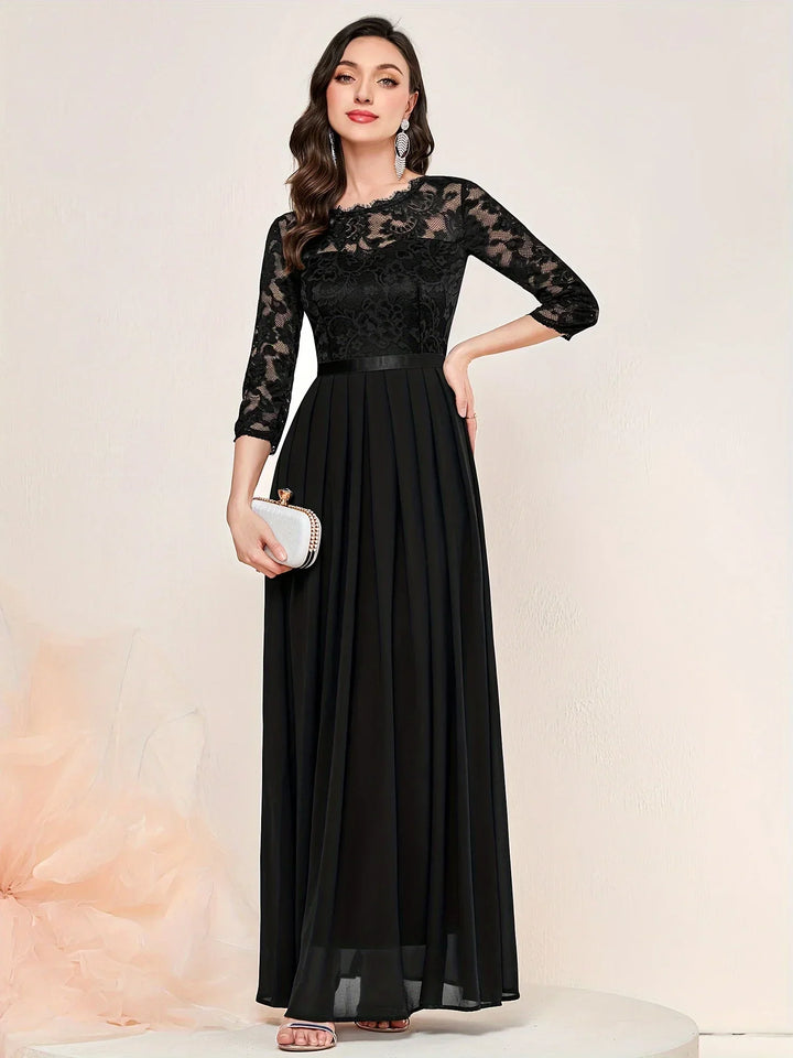 Gail | Lace Pleated Quarter Sleeve Formal Evening Dress
