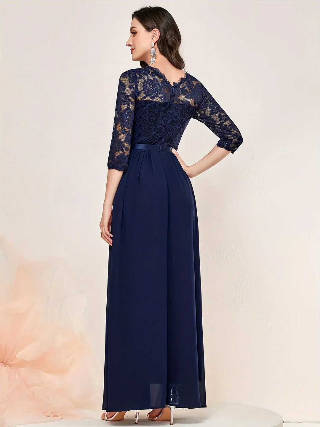 Gail | Lace Pleated Quarter Sleeve Formal Evening Dress