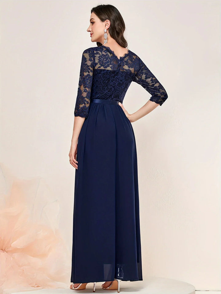 Gail | Lace Pleated Quarter Sleeve Formal Evening Dress