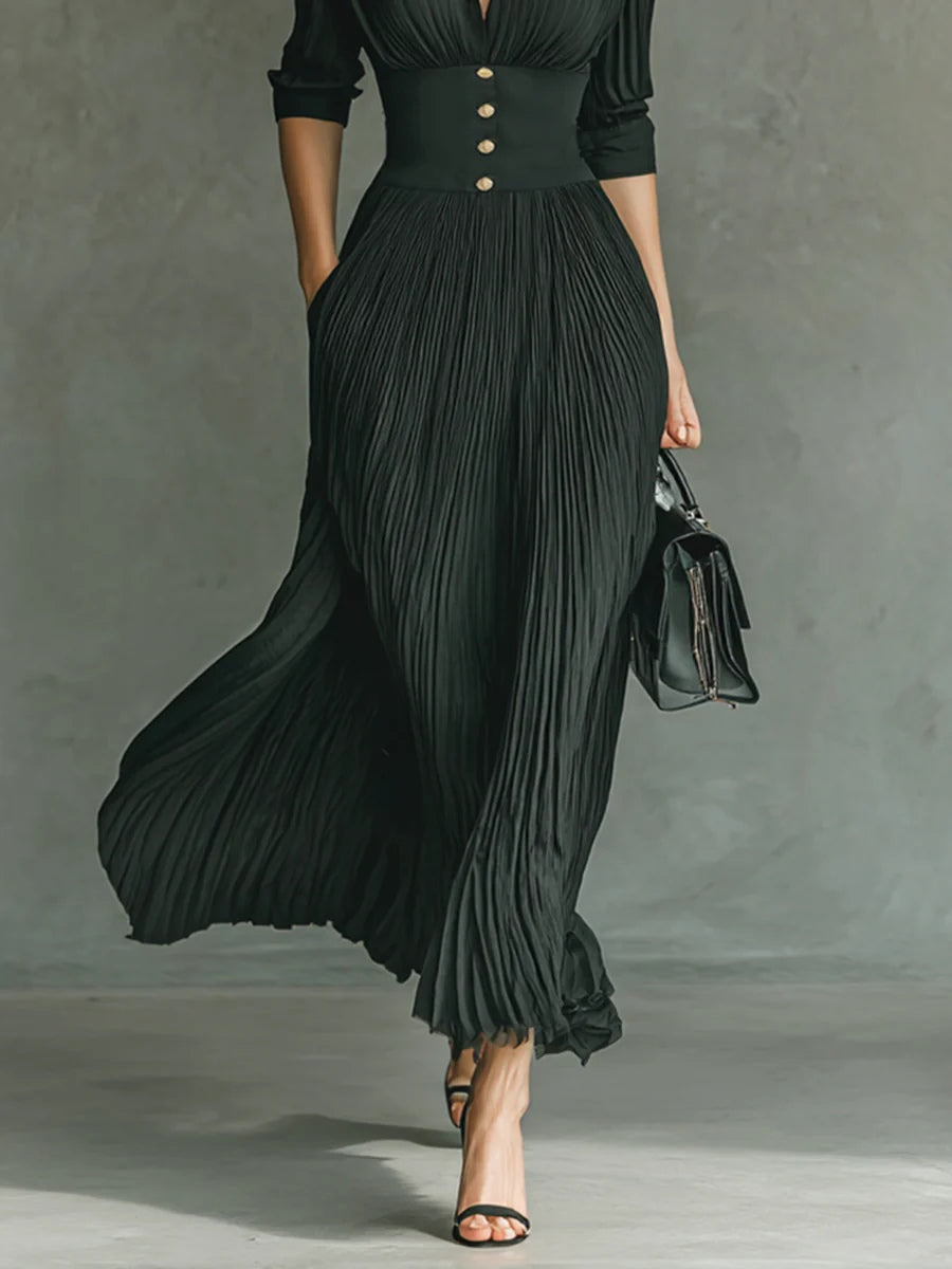 Lindsay | Elegant Pleated Lapel Waist Maxi Dress