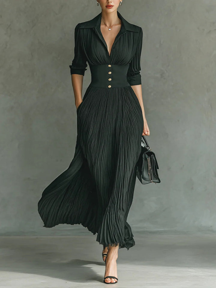 Lindsay | Elegant Pleated Lapel Waist Maxi Dress
