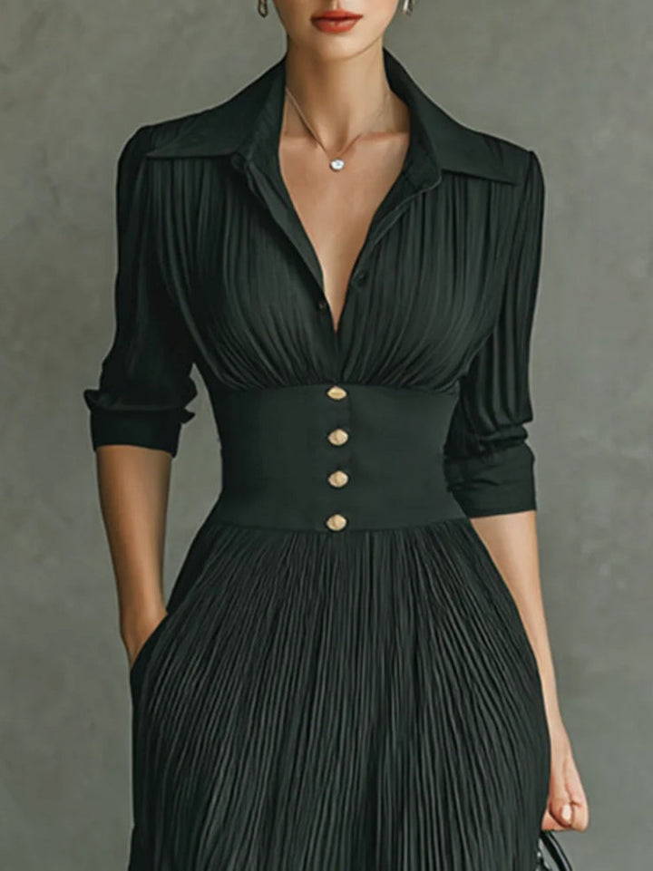 Lindsay | Elegant Pleated Lapel Waist Maxi Dress