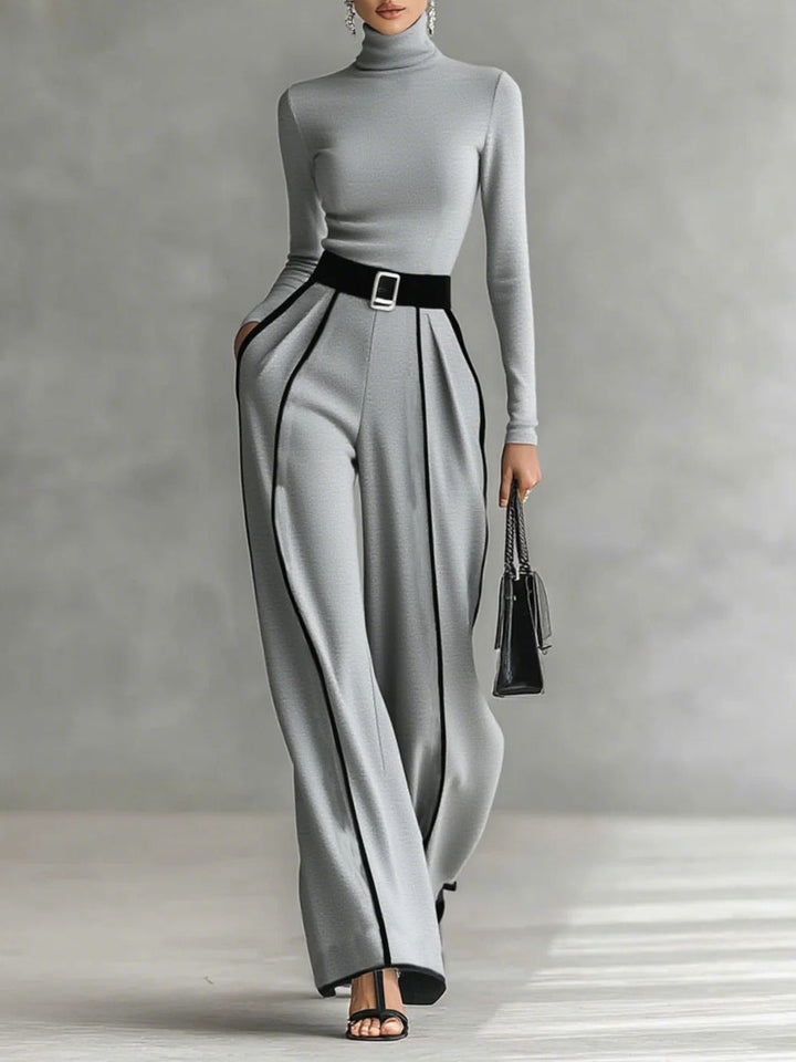 Linda | High-Neck Top &amp; Wide-Leg Pants Set with Belt
