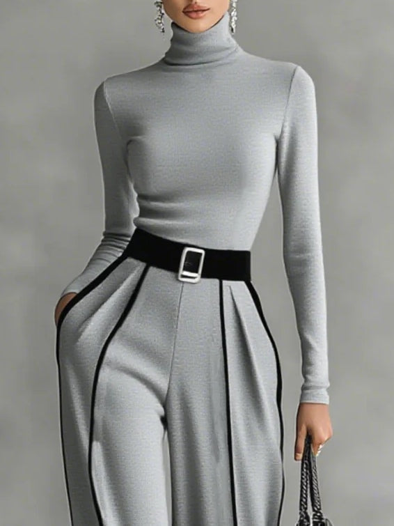 Linda | High-Neck Top &amp; Wide-Leg Pants Set with Belt
