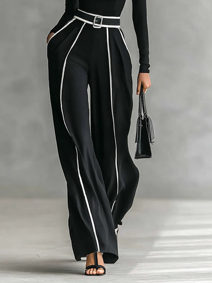 Linda | High-Neck Top &amp; Wide-Leg Pants Set with Belt