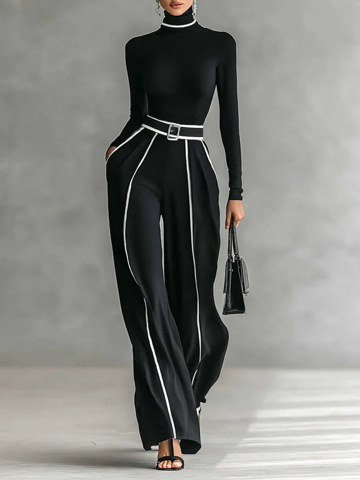 Linda | High-Neck Top &amp; Wide-Leg Pants Set with Belt
