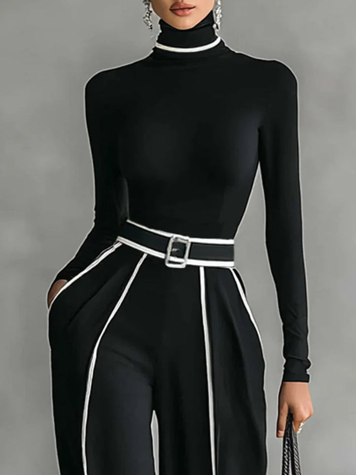 Linda | High-Neck Top &amp; Wide-Leg Pants Set with Belt