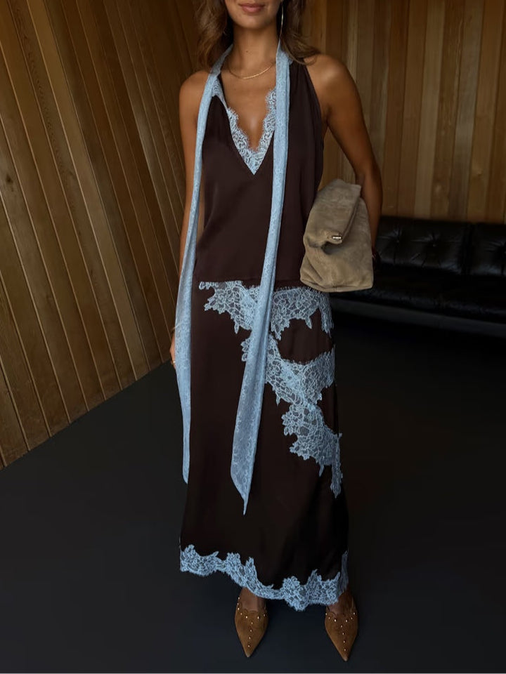 Mabel | Elegant Lace Panel Top &amp; Skirt Set