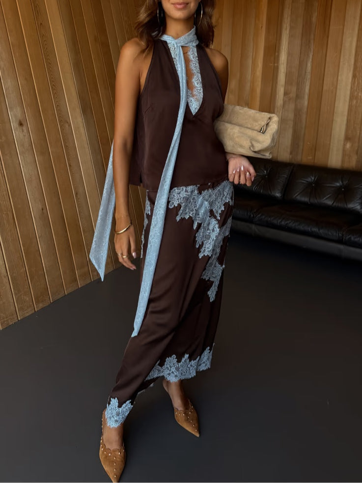 Mabel | Elegant Lace Panel Top &amp; Skirt Set