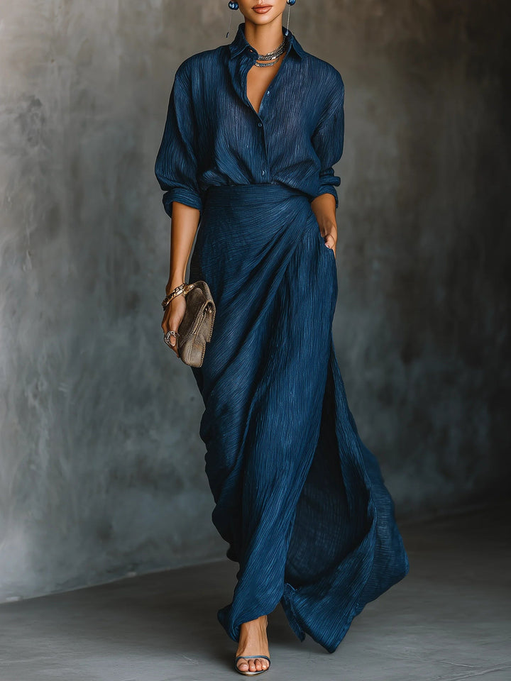Hailey | Elegant Dark Blue Shirt &amp; Long Skirt Set
