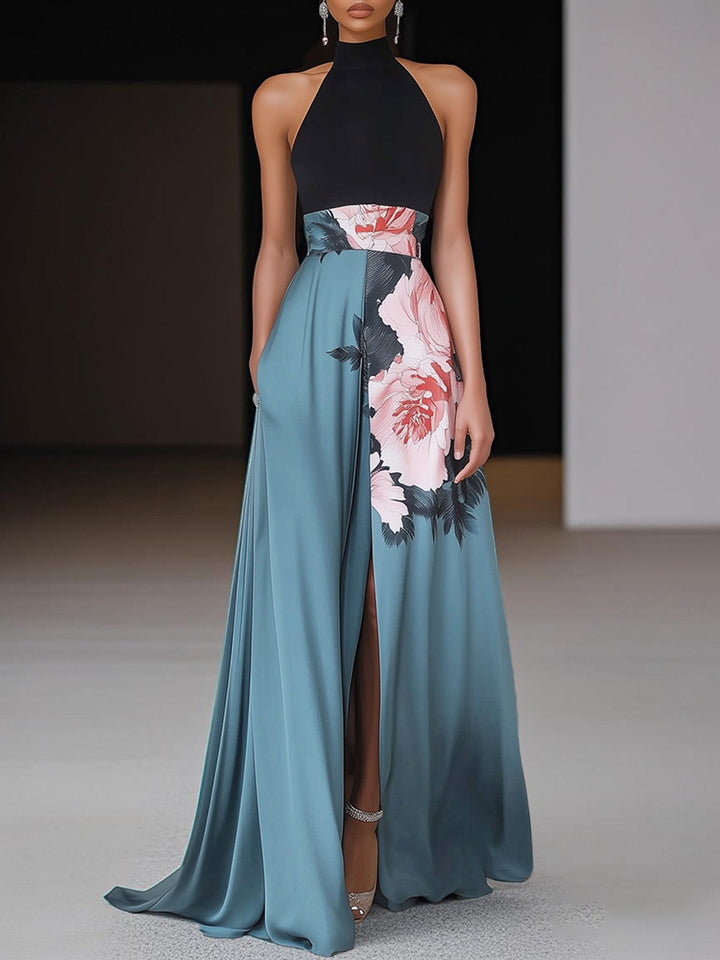 Janelle | Black Slit Floral Classic Crew Neck Sleeveless A-Line Maxi Dress