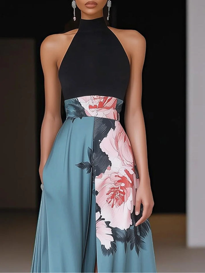 Janelle | Black Slit Floral Classic Crew Neck Sleeveless A-Line Maxi Dress