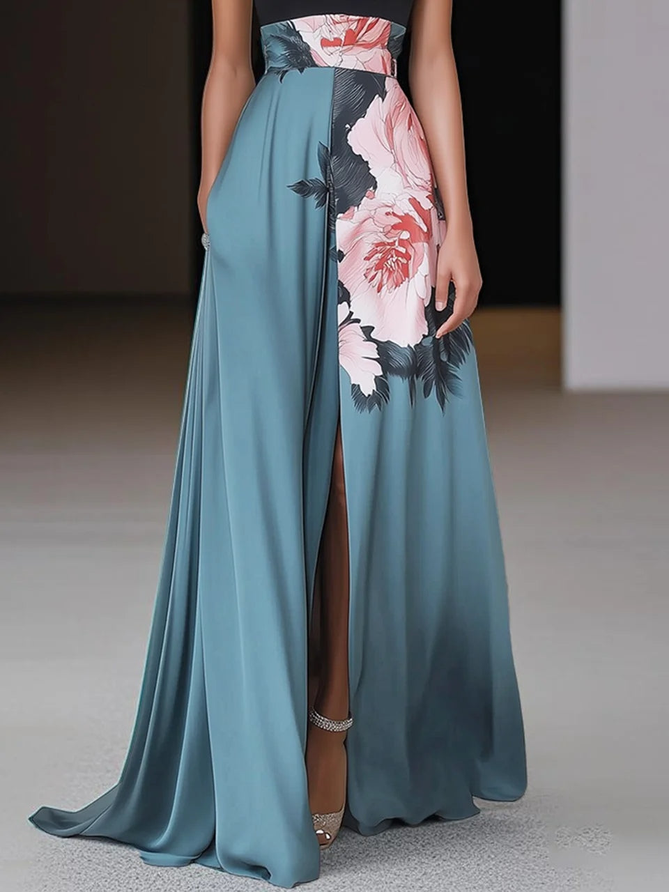 Janelle | Black Slit Floral Classic Crew Neck Sleeveless A-Line Maxi Dress