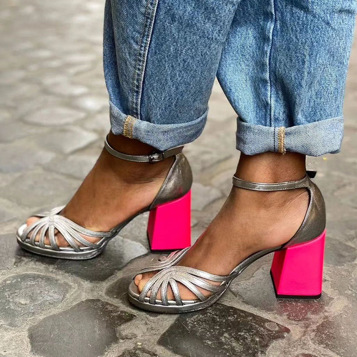 Seraphina | Colorful Shiny Sandals with Buckle and Thick Heel