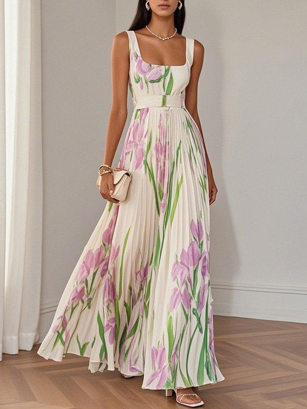 Ellie | White Pleated Floral Maxi Dress