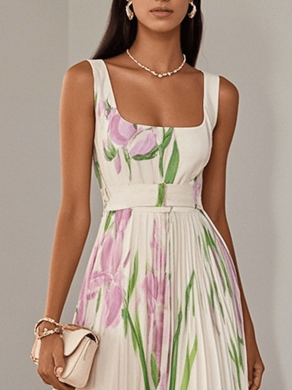 Ellie | White Pleated Floral Maxi Dress