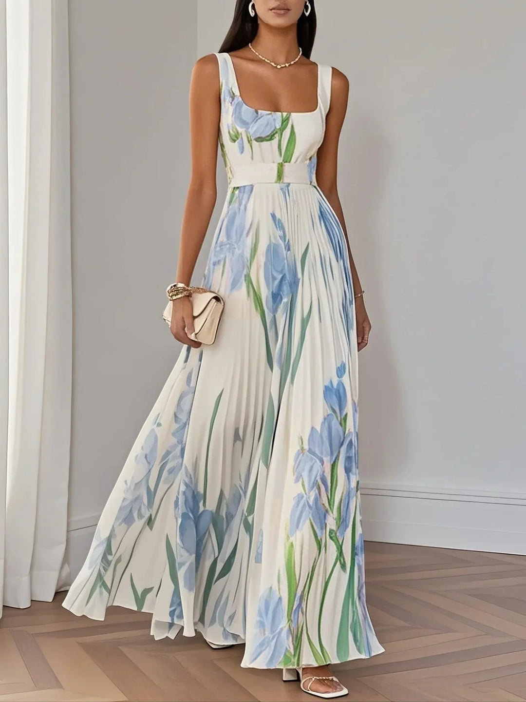 Ellie | White Pleated Floral Maxi Dress