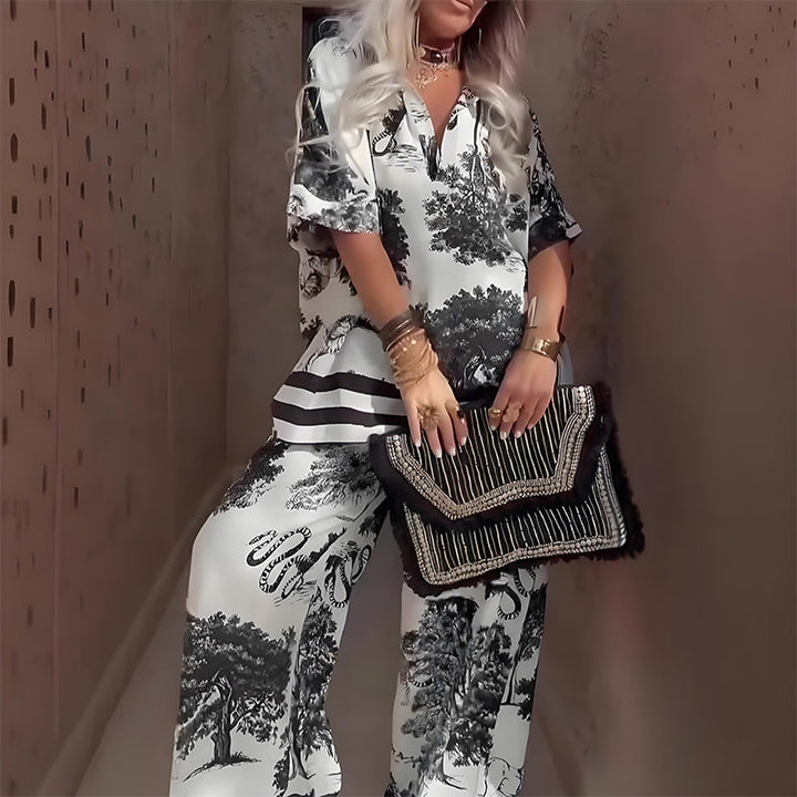 Amber | Printed V-Neck Top &amp; Long Pants Set