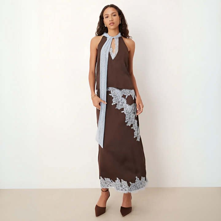 Mabel | Elegant Lace Panel Top &amp; Skirt Set