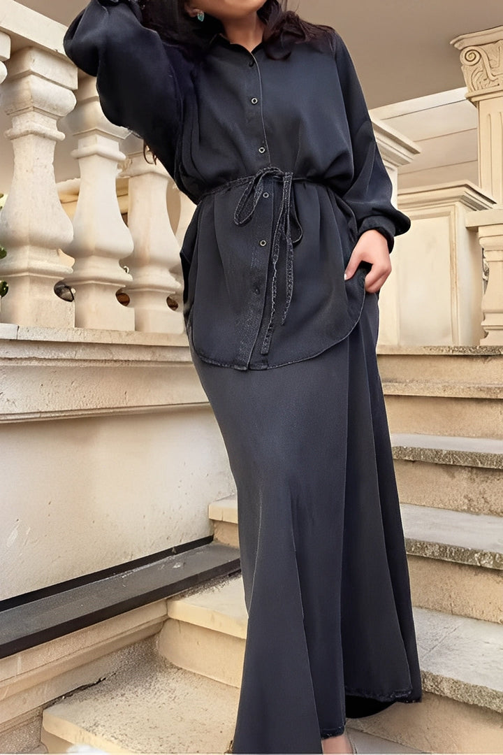 Lisa | Long-sleeved Tie-Drawstring Shirt and Skirt Set
