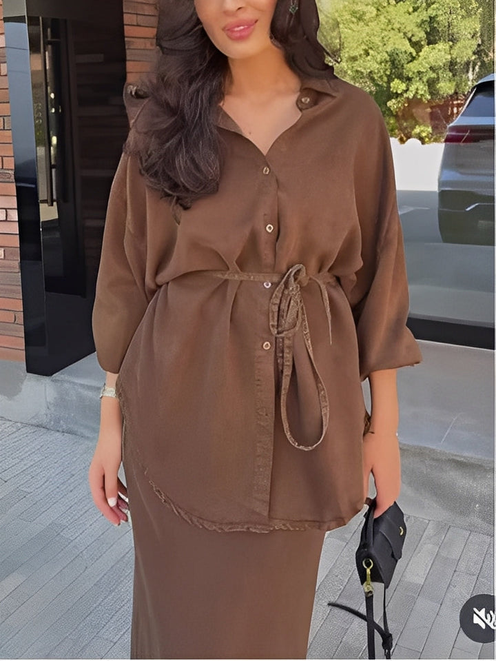 Lisa | Long-sleeved Tie-Drawstring Shirt and Skirt Set