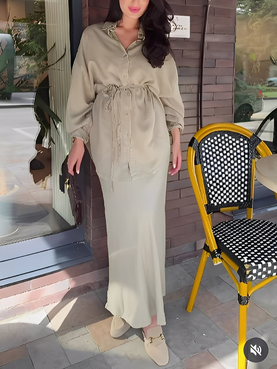 Lisa | Long-sleeved Tie-Drawstring Shirt and Skirt Set