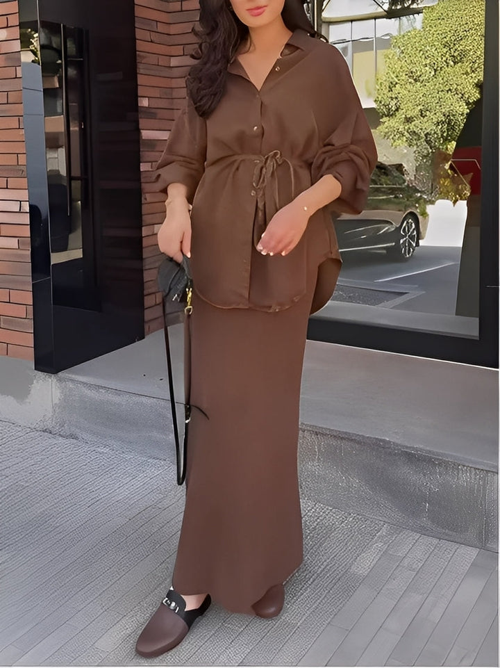 Lisa | Long-sleeved Tie-Drawstring Shirt and Skirt Set